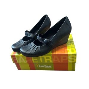 Elena Gilbert Core BareTraps Black Leather Mary Jane Wedge Heels
